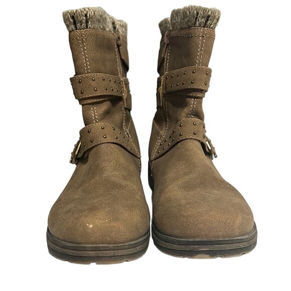 Woman's Tan Boots Size 7 Just Fabulous Arteece Faux Suede Studded Ankle Zip - Picture 2 of 13